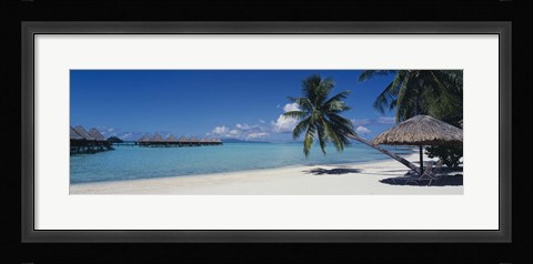 Framed Lounge chair under a beach umbrella, Moana Beach, Bora Bora, French Polynesia Print