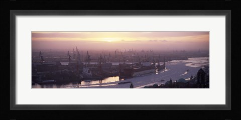 Framed High angle view of container ships in the river, Elbe River, Landungsbrucken, Hamburg Harbour, Hamburg, Germany Print