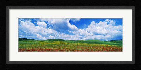 Framed Open Field, Hill, Clouds, Blue Sky, Tuscany, Italy Print