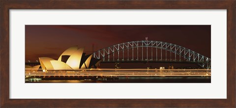 Framed Opera house lit up at night with light streaks, Sydney Harbor Bridge, Sydney Opera House, Sydney, New South Wales, Australia Print