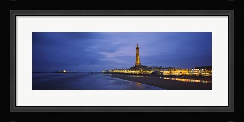 Framed Buildings lit up at dusk, Blackpool Tower, Blackpool, Lancashire, England Print