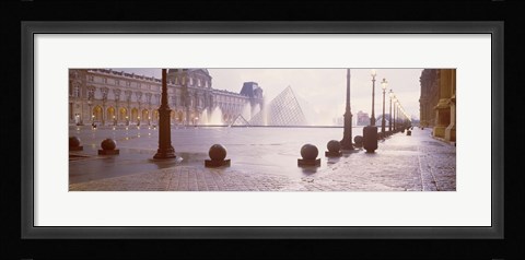 Framed Street lights lit up at dawn, Louvre Pyramid, Musee Du Louvre, Paris, France Print