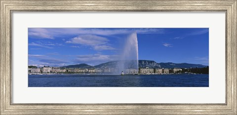Framed Fountain in front of buildings, Jet D&#39;eau, Geneva, Switzerland Print
