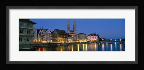 Framed Buildings at the waterfront, Grossmunster Cathedral, Zurich, Switzerland Print