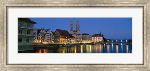 Framed Buildings at the waterfront, Grossmunster Cathedral, Zurich, Switzerland Print