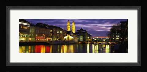 Framed Reflection of night lights in River Limmat Zurich Switzerland Print