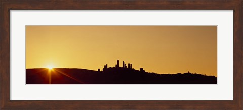 Framed Silhouette of a town on a hill at sunset, San Gimignano, Tuscany, Italy Print