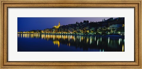 Framed Reflection of buildings in water, Menton, Alpes-Maritimes, Provence-Alpes-Cote d&#39;Azur, France Print