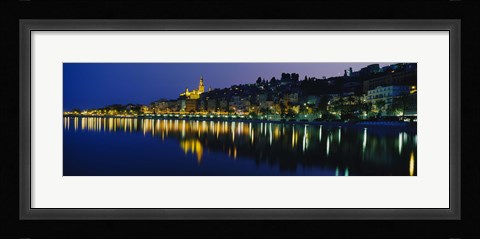 Framed Reflection of buildings in water, Menton, Alpes-Maritimes, Provence-Alpes-Cote d'Azur, France Print