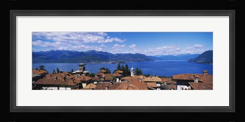 Framed High angle view of buildings near a lake, Lake Maggiore, Vedasco, Italy Print