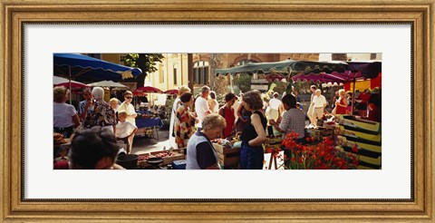 Framed Group of people in a street market, Ceret, France Print