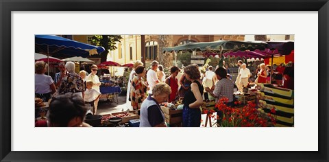Framed Group of people in a street market, Ceret, France Print