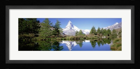 Framed Reflection of trees and mountain in a lake, Matterhorn, Switzerland Print