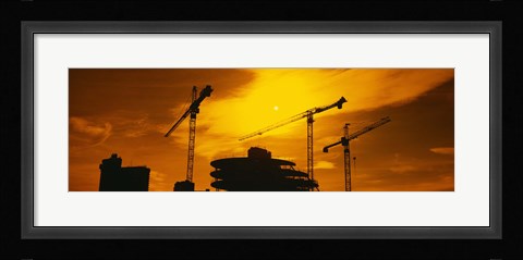 Framed Silhouette of cranes at a construction site, London, England Print