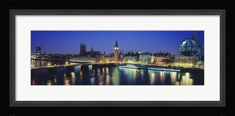 Framed Buildings lit up at dusk, Big Ben, Houses Of Parliament, Thames River, London, England Print