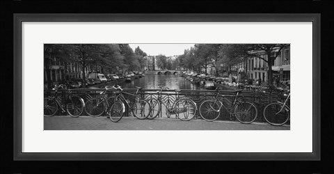 Framed Bicycle Leaning Against A Metal Railing On A Bridge, Amsterdam, Netherlands Print