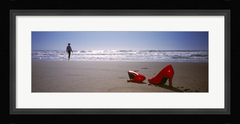 Framed Woman And High Heels On Beach, California, USA Print