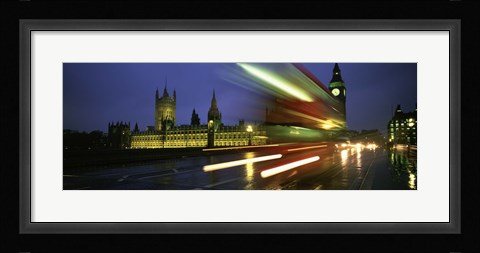 Framed England, London, Houses of Parliament, Traffic moving in the night Print