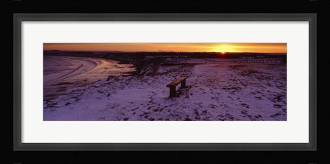 Framed Bench On A Snow Covered Landscape, Filey Bay, Yorkshire, England, United Kingdom Print