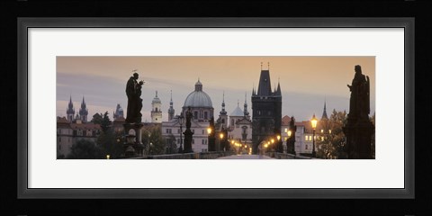 Framed Lit Up Bridge At Dusk, Charles Bridge, Prague, Czech Republic Print