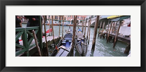 Framed Gondolas moored near a bridge, Rialto Bridge, Grand Canal, Venice, Italy Print