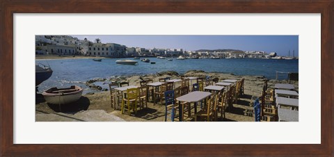 Framed Tables and chairs in a cafe, Greece Print