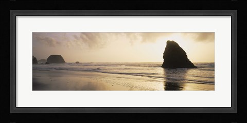 Framed Silhouette of rocks on the beach, Fort Bragg, Mendocino, California Print