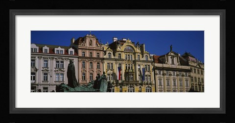 Framed Statue in front of buildings, Jan Hus Monument, Prague Old Town Square, Old Town, Prague, Czech Republic Print