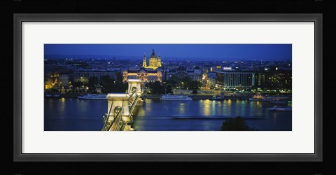 Framed High angle view of a suspension bridge lit up at dusk, Chain Bridge, Danube River, Budapest, Hungary Print