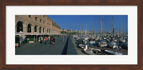 Framed Pedestrian walkway along a harbor, Barcelona, Catalonia, Spain Print