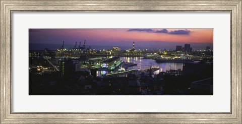 Framed High angle view of city at a port lit up at dusk, Genoa, Liguria, Italy Print