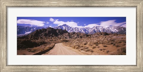 Framed Dirt road passing through an arid landscape, Lone Pine, Californian Sierra Nevada, California, USA Print