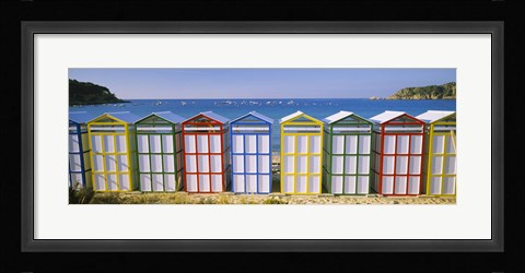 Framed Beach huts in a row on the beach, Catalonia, Spain Print