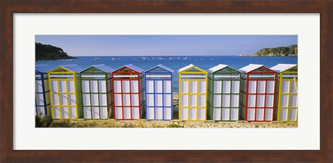 Framed Beach huts in a row on the beach, Catalonia, Spain Print