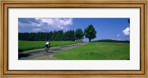 Framed Rear view of a person riding a bicycle on the road, Black Forest, Germany Print