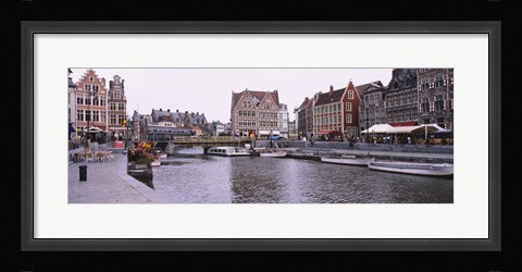 Framed Tour boats docked at a harbor, Leie River, Graslei, Ghent, Belgium Print