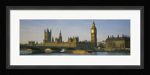 Framed Barge in a river, Thames River, Big Ben, City Of Westminster, London, England Print