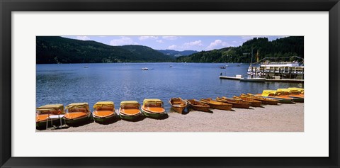 Framed Row of boats in a dock, Titisee, Black Forest, Germany Print