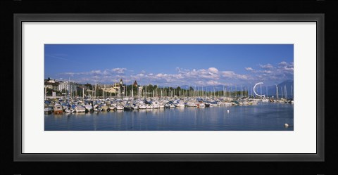 Framed Boats moored at a harbor, Lake Geneva, Lausanne, Switzerland Print