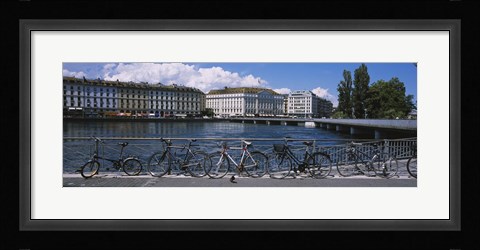 Framed Buildings at the waterfront, Rhone River, Geneva, Switzerland Print