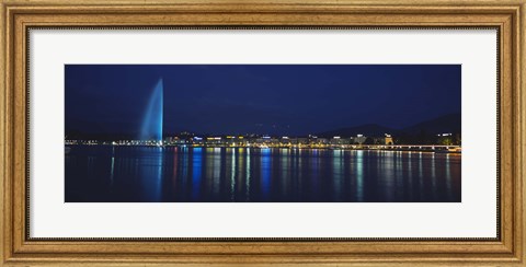 Framed Buildings lit up at night, Jet D&#39;eau, Lake Geneva, Lausanne, Switzerland Print