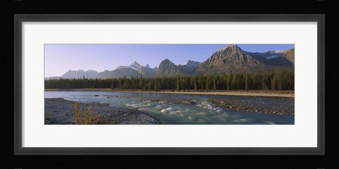 Framed Trees along a river with a mountain range in the background, Athabasca River, Jasper National Park, Alberta, Canada Print