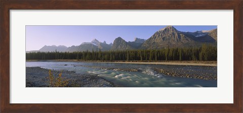Framed Trees along a river with a mountain range in the background, Athabasca River, Jasper National Park, Alberta, Canada Print