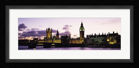 Framed Buildings lit up at dusk, Big Ben, Houses of Parliament, Thames River, City Of Westminster, London, England Print