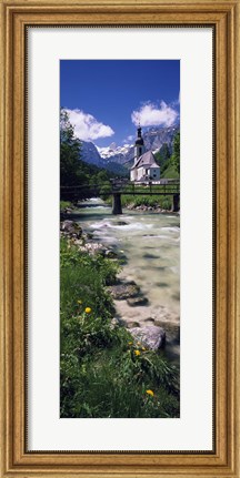 Framed Bridge over stream below country church, Bavarian Alps, Germany. Print