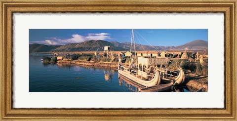 Framed Reed Boats at the lakeside, Lake Titicaca, Floating Island, Peru Print