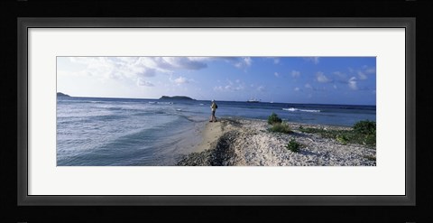 Framed Tourist fishing on the beach, Sandy Cay, Carriacou, Grenada Print