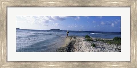 Framed Tourist fishing on the beach, Sandy Cay, Carriacou, Grenada Print