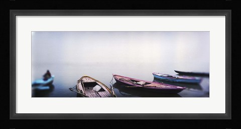 Framed Row boats in a river, Ganges River, Varanasi, Uttar Pradesh, India Print