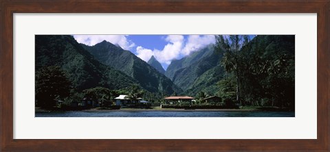 Framed Mountains and buildings on the coast, Tahiti, French Polynesia Print
